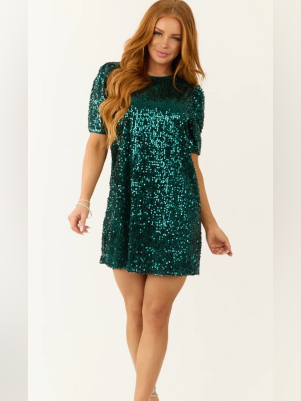 Cable & Gauge green sequin puff sleeve mini sheath dress party wedding Large